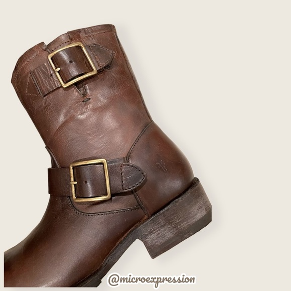 Frye Vicky Engineer Moto Brown Real Leather Belted Vintage Mid Calf Ankle Boot - Picture 15 of 16